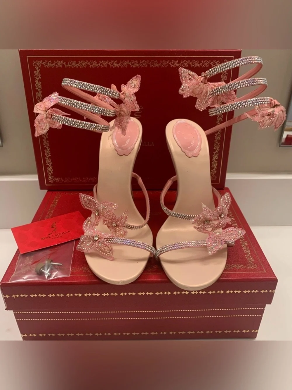Rene Caovilla Pink Crystal Butterfly Strap Heels - Picture 1 of 6
